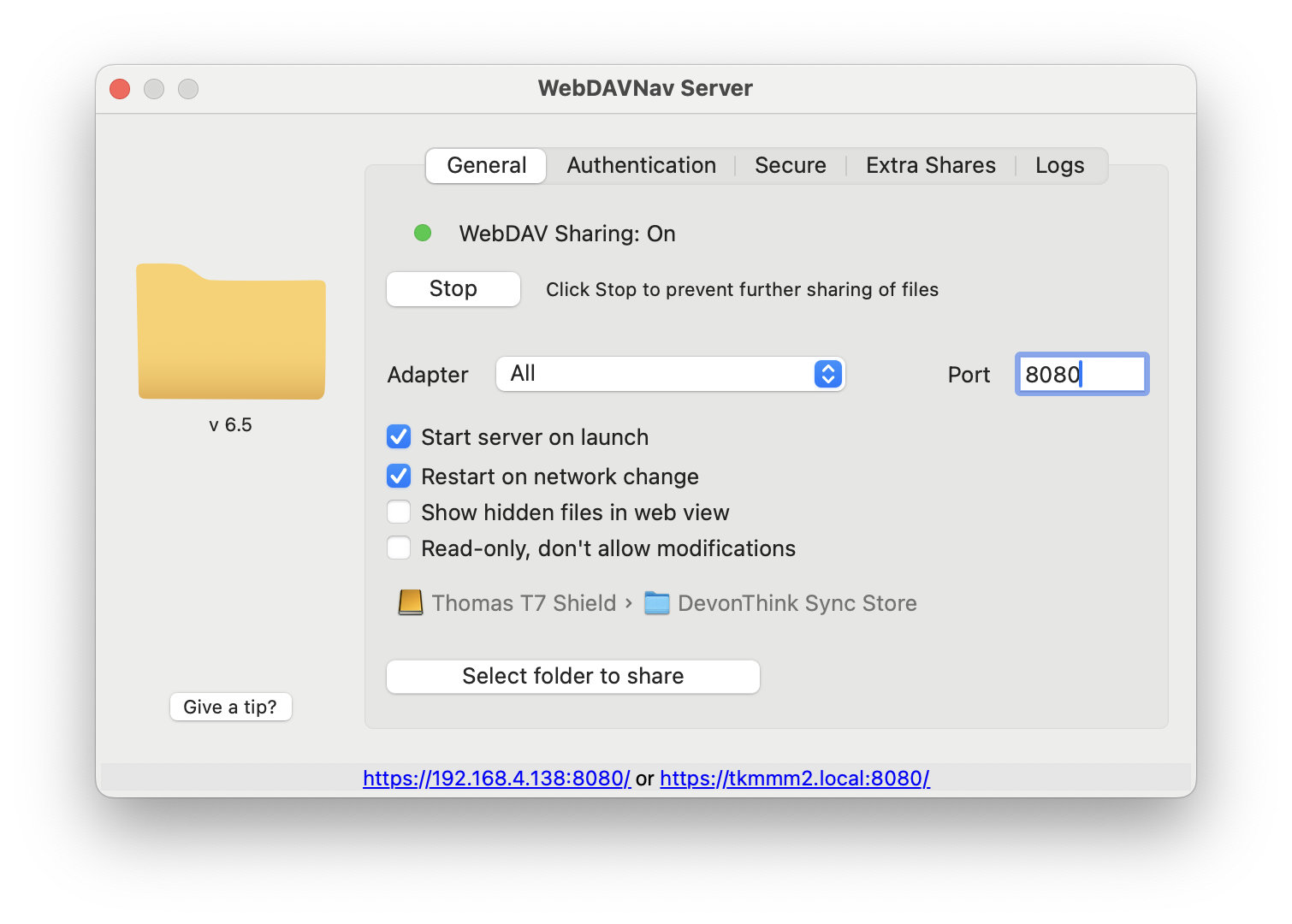 WebDAVNav Server settings: General tab